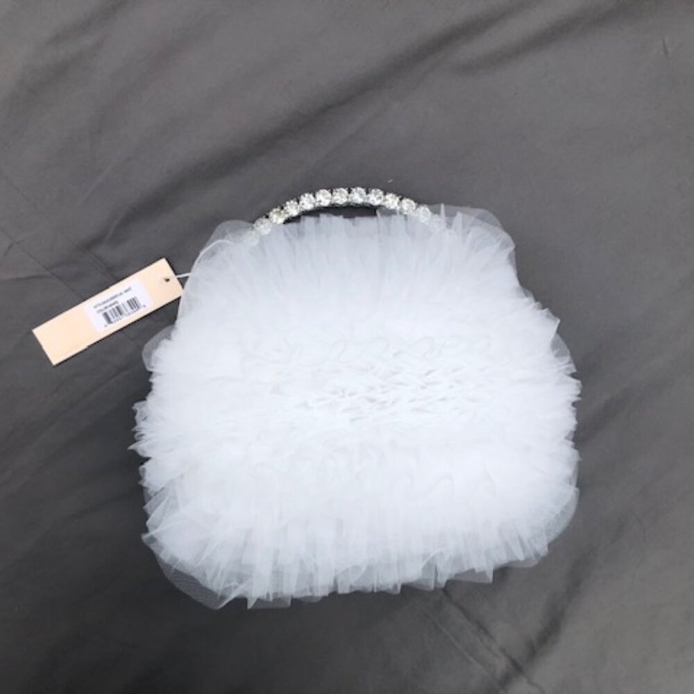 Jewel Badgley Mischka Ruffled White Tulle Handbag with Rhinestone Handle